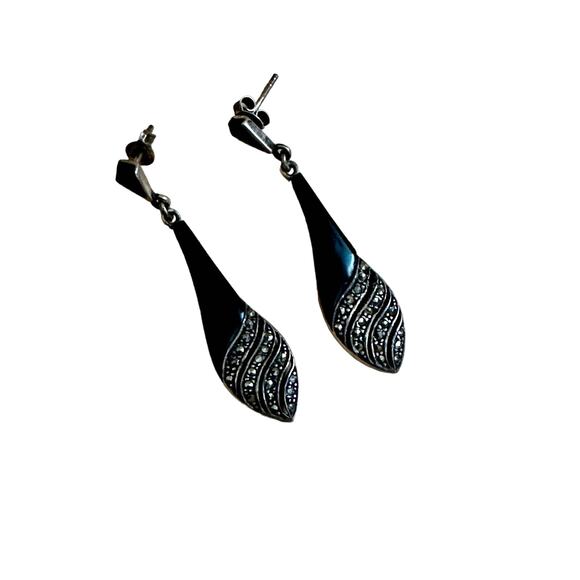FAS Sterling, Onyx and Marcasite Earrings - Picture 1 of 7